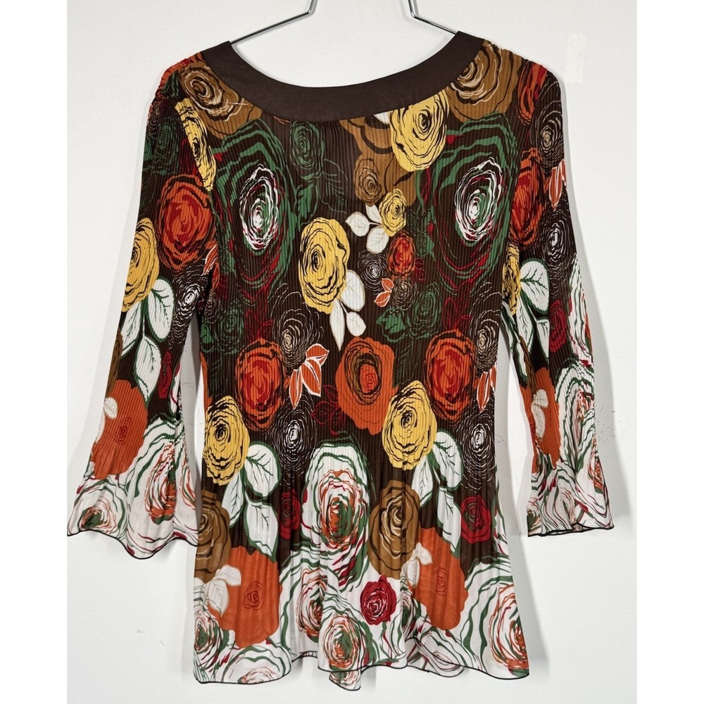 Nicola Accordion Pleated Y2K Brown Abstract Floral Tunic Top Size M Bell Sleeves - Picture 3 of 9